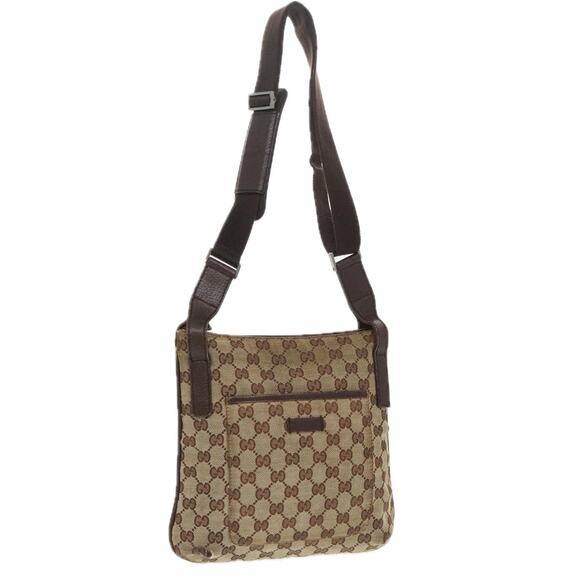 GUCCI GG Canvas Shoulder Bag Beige Dark Brown Silver
